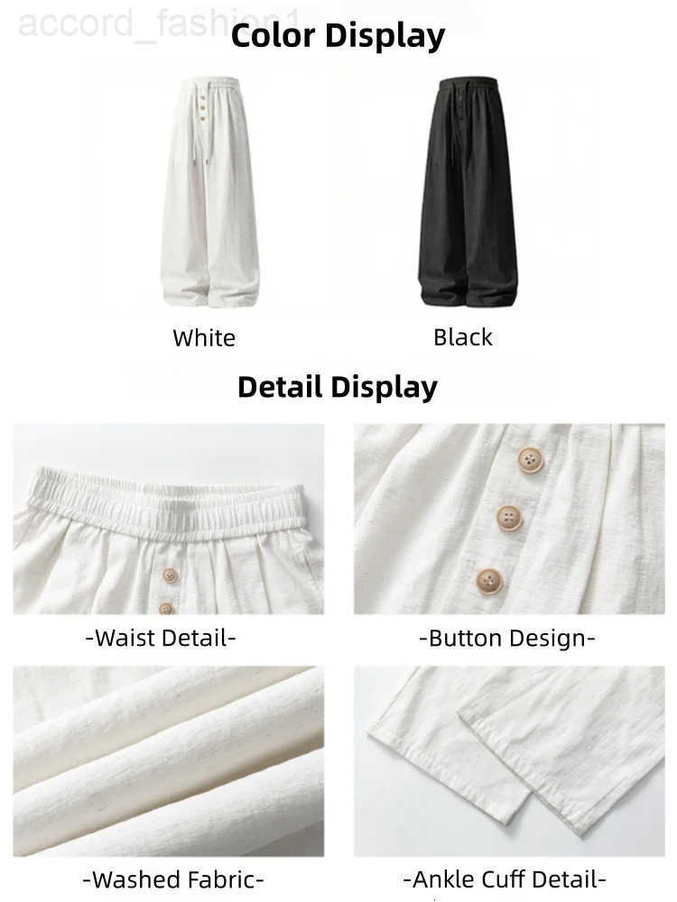 Mens Pleated Linen-Look Casual Trousers Colour-Blocked Buttons Cotton-Linen Texture Loose-Fit Straight-Leg Trousers H260330