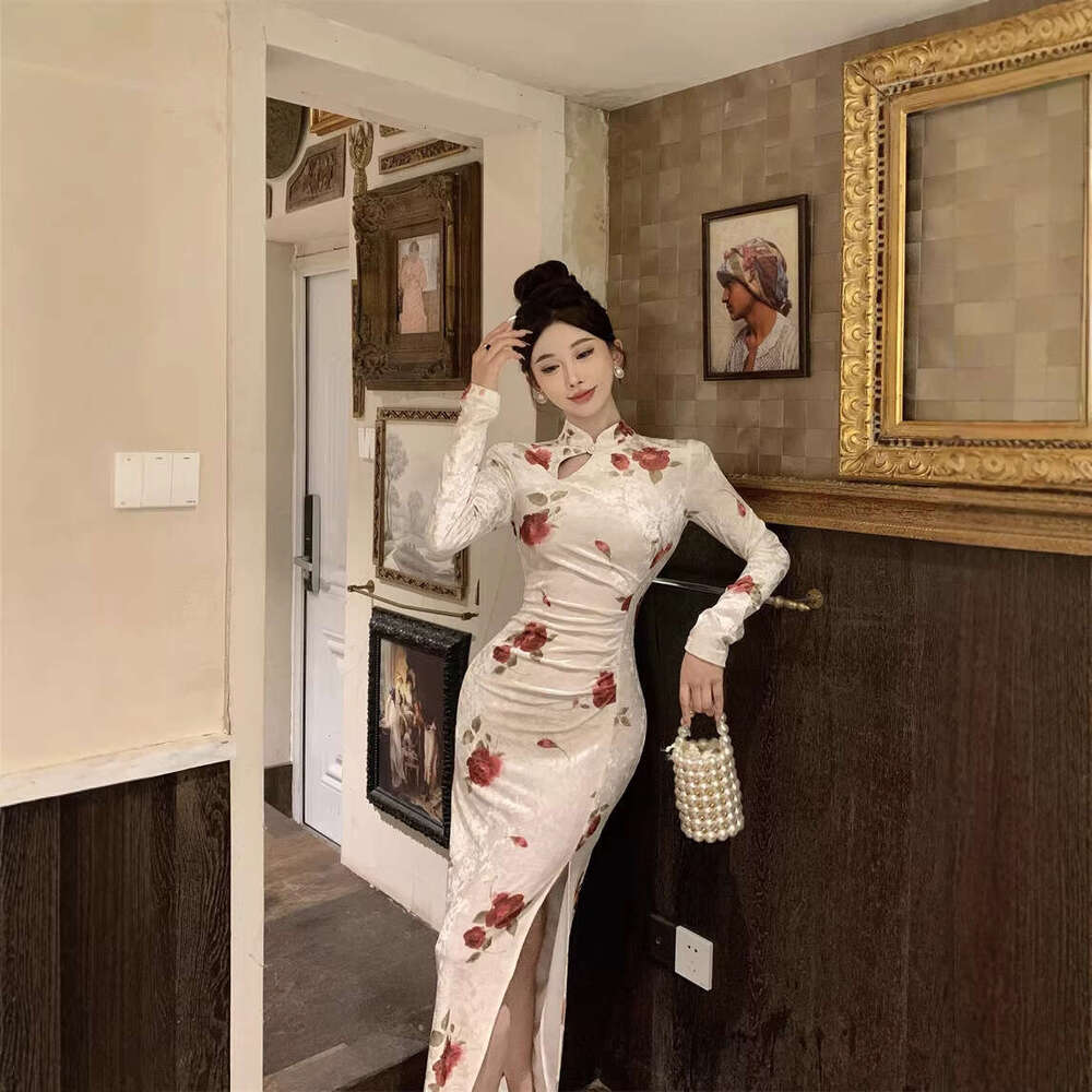 New Elegant Velvet Print Contrast Color Slim Waist Bodycon Skirt Chinese Style Modified Cheongsam Dress Qipao Hanfu Silk