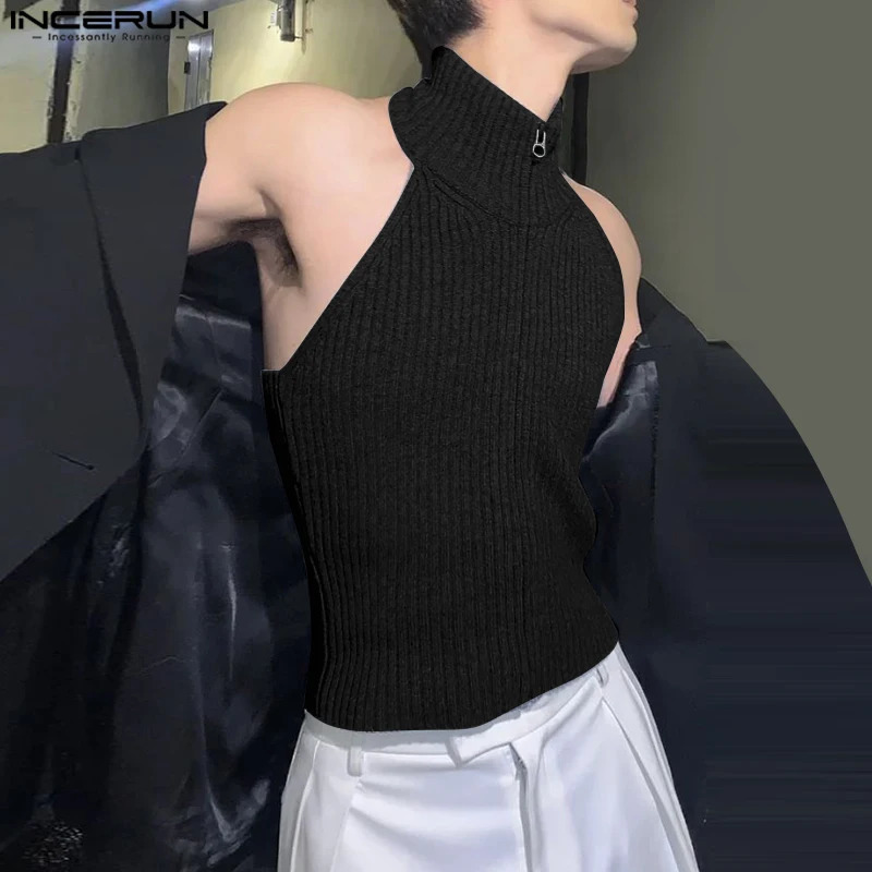 INCERUN Tops 2025 Korean Style Fashion Mens Knitted Texture Hanging Neck n Vests Casual Streetwear Solid Zipper Tank 260312