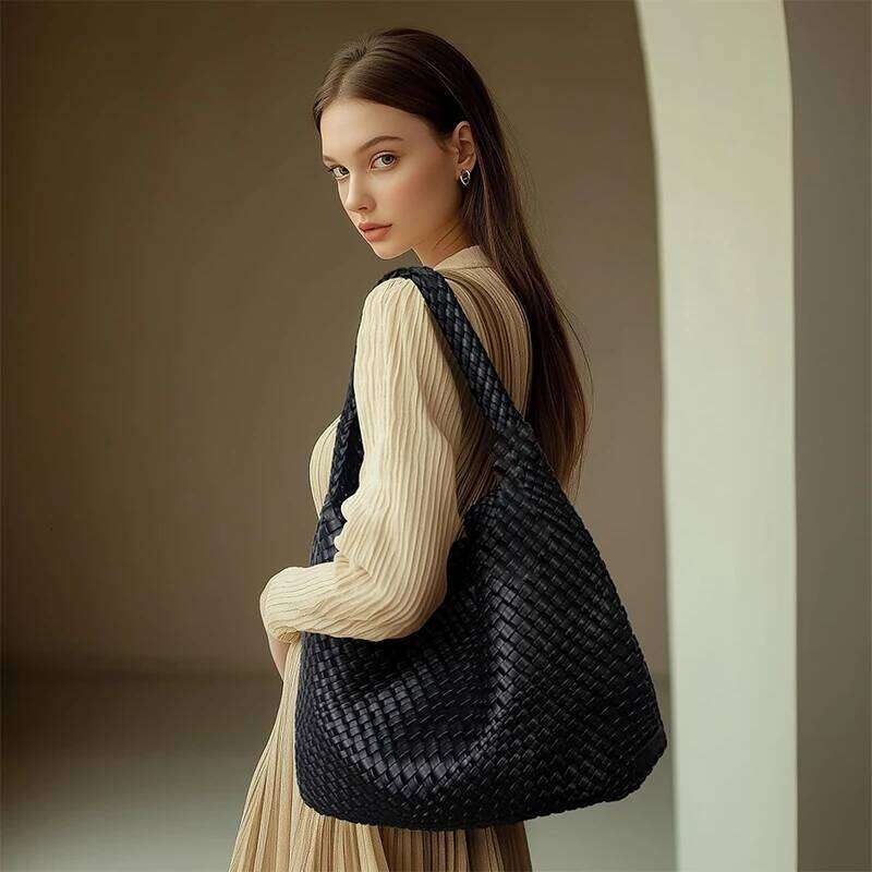 For Women Large Woven Leather Handbags Shoulder Bag Braided Weave Beach Tote Purse