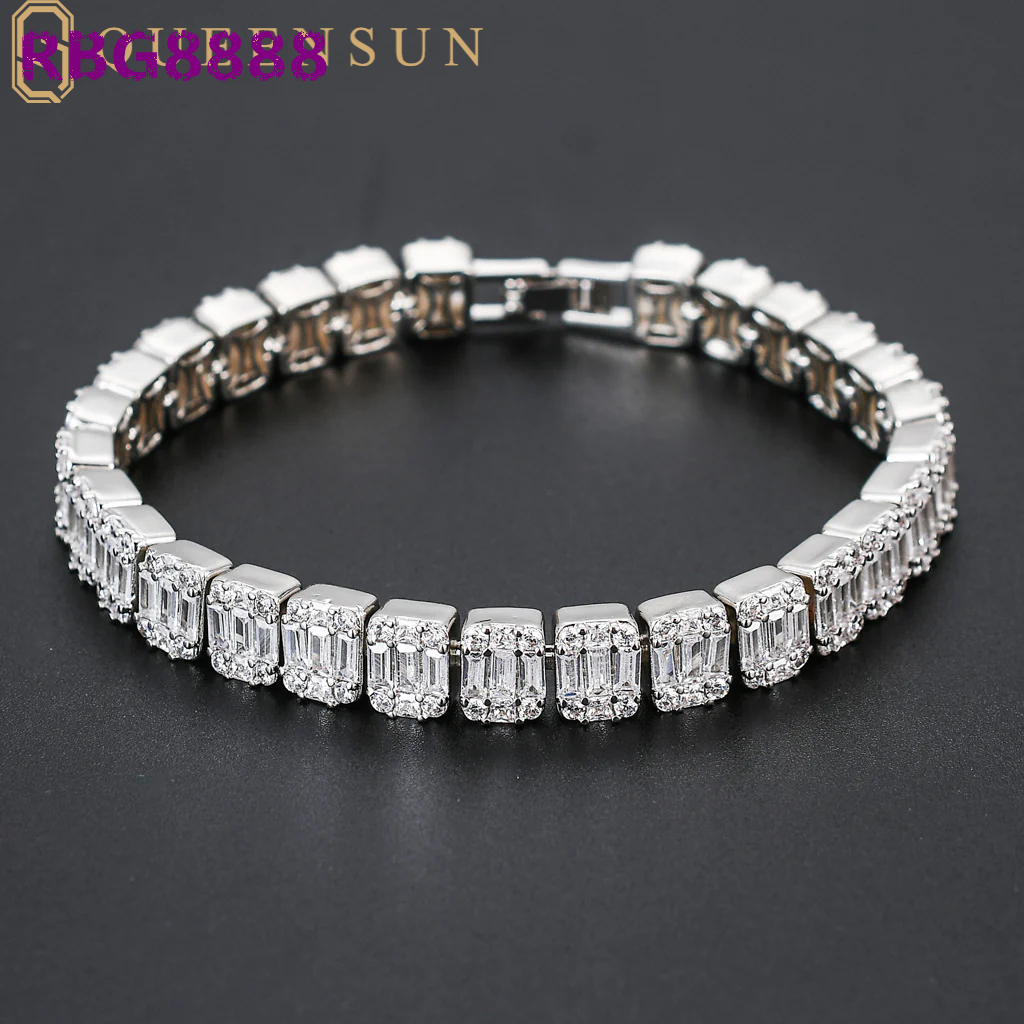 Queensun IGI GRA 18k Solid White Gold Tennis Bracelet 9mm Rectangular S925 Moissanite Hip-hop Chain Link Jewelry Lab Diamond