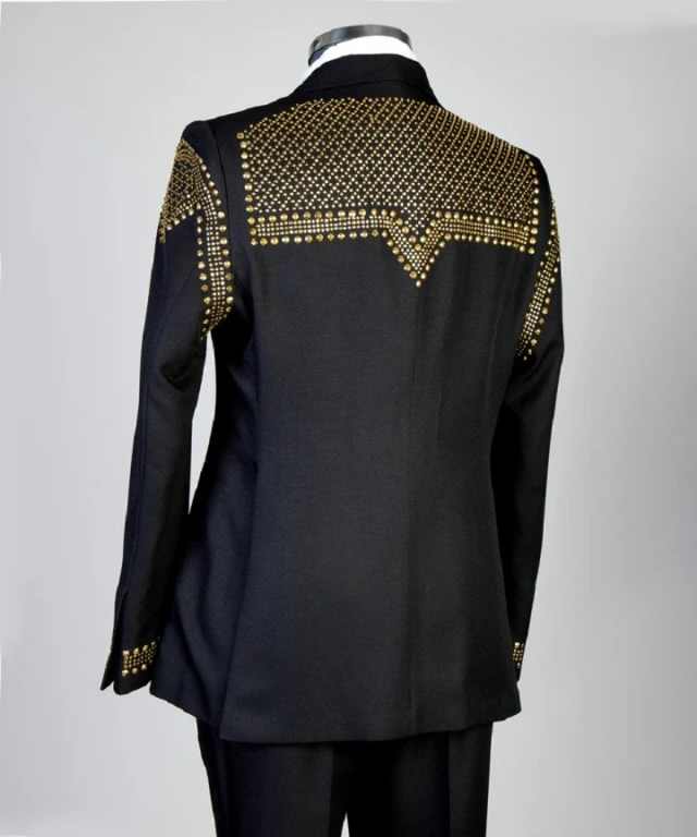 Retro Men's Jacket Beaded Groom Blazer 2 Pieces Peaked Lapel Double Breasted Tuxedo Beading Coat Customized Jacket Pants