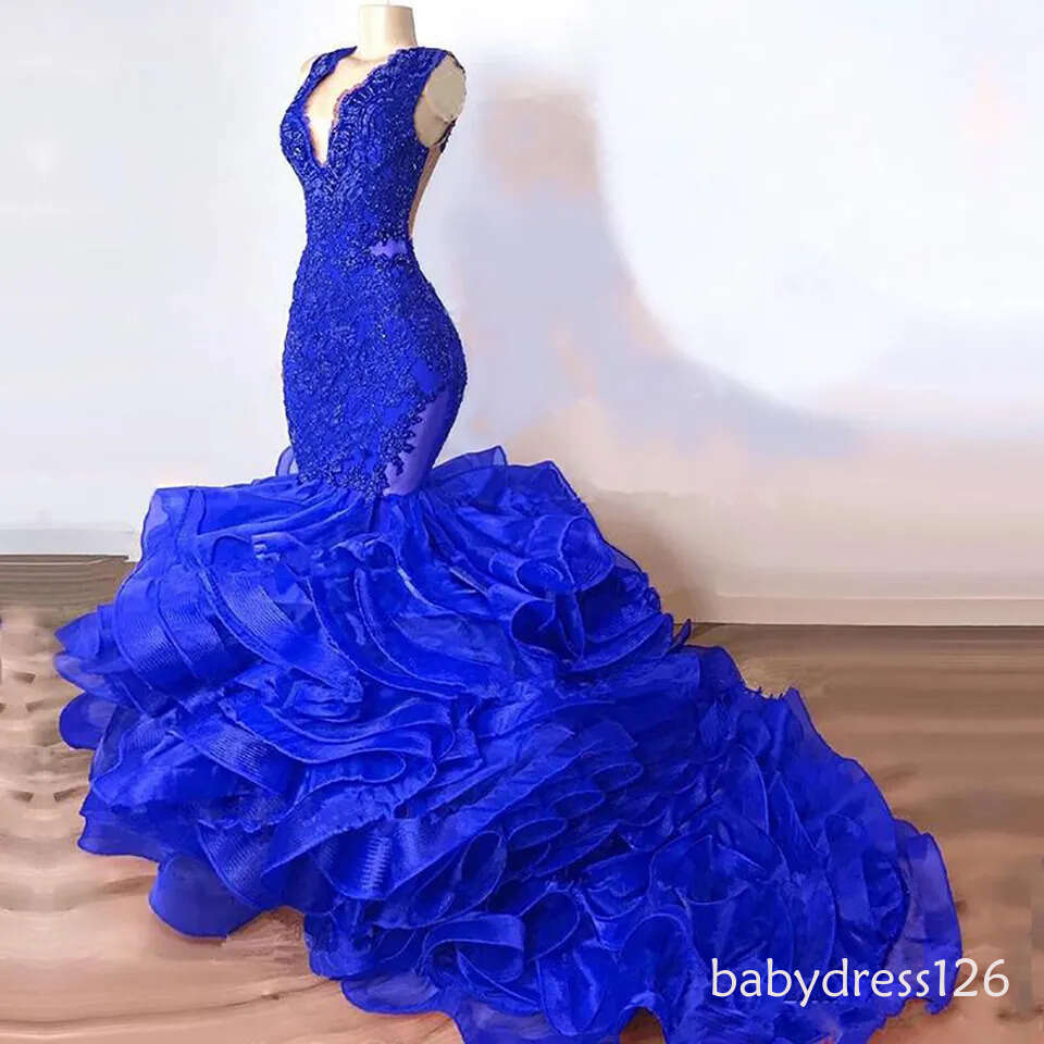 Long Tiered Organza V Neck Royal Blue Mermaid Prom Dresses Evening Formal Dress Party Gowns Custom Size ZD19