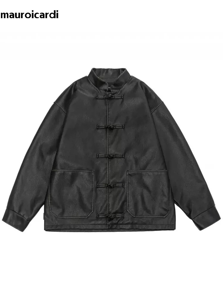 Mauroicardi Spring Cool Oversized Vintage Distressed Pu Leather Jacket Men Elegant Chinese Style Clothes 260327
