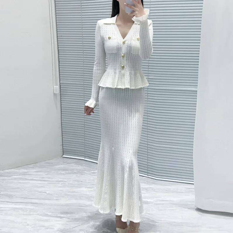 Fall French Style V-Neck Ruffle Blouse & Skirt Set, Slim Fit Elegant 2 Piece Office Outfit, Viscose + Nylon Blend Mdng260330