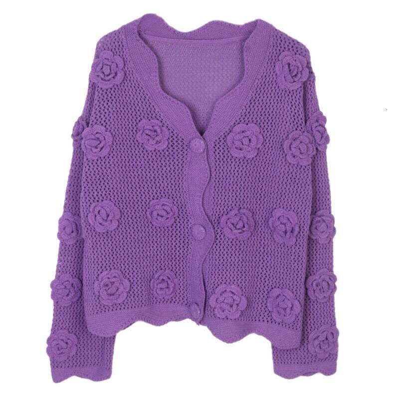 Women Crochet Cardigan Button Down Sweater Long Sleeve Hollow Out 3D Floral Applique Knit Top Spring Fall Fashion