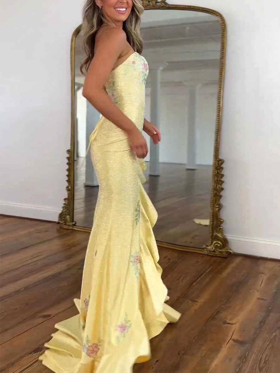 Elegant Yellow Flora Strapless Mermaid Prom Dresses Side Split Backless Corset Long Women Evening Party Gowns Gala Robes de soiree M30BC22200