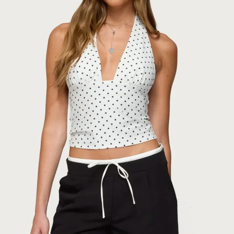 Women Y2K Polka Dot Halter Top Plunge V Neck Sleeveless Backless Low Cut Crop Top Summer Going Out Tops Streetwear 260313
