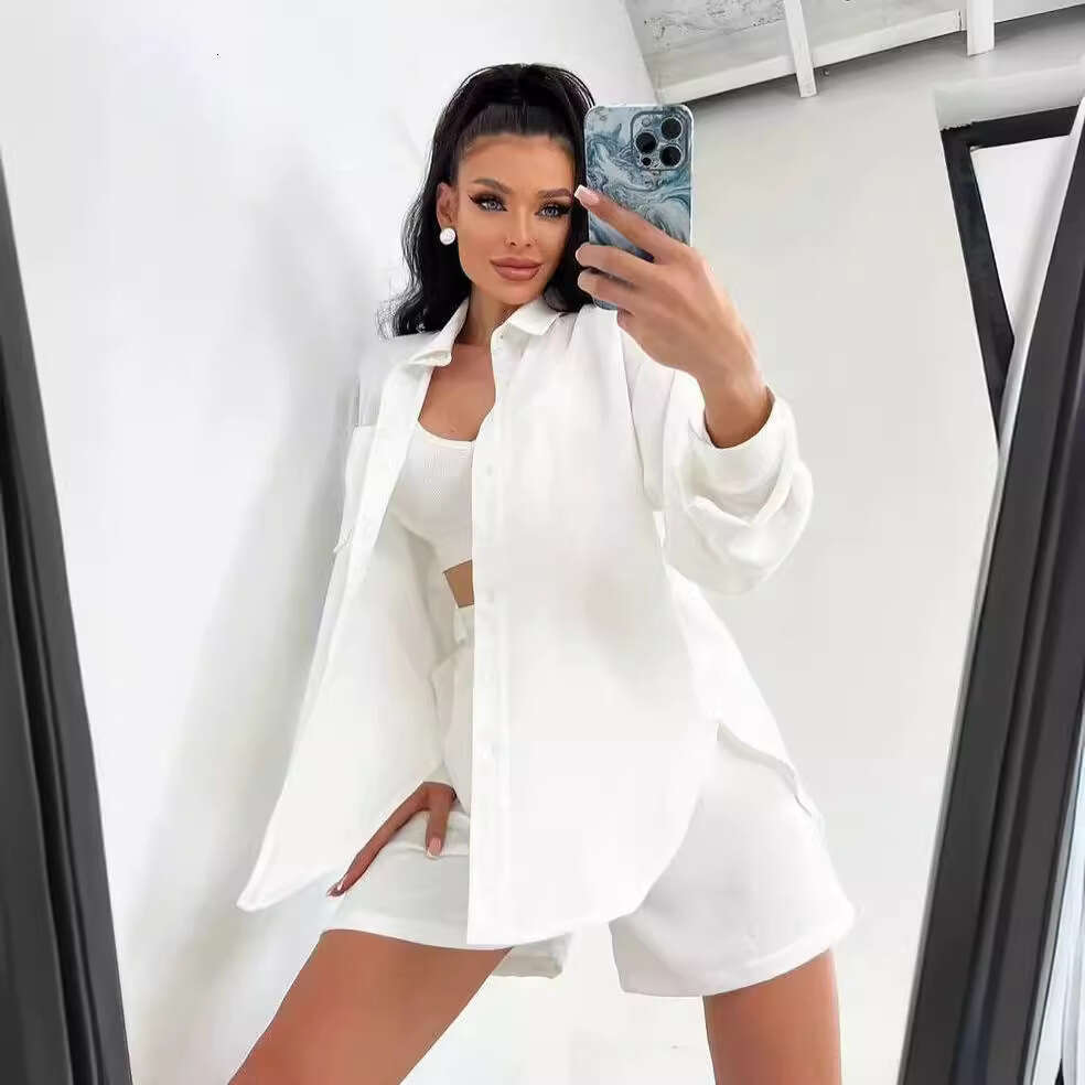 2026 Cross-border European and American women's clothing solid color single-breasted long-sleeve shirt loose fashion casual shorts set