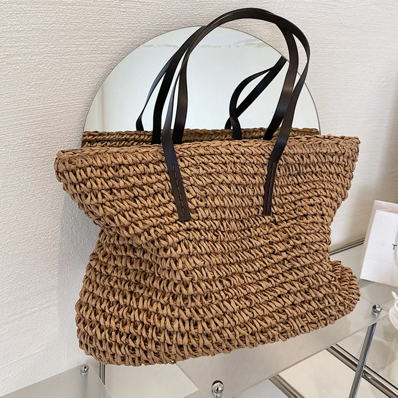 Women Handbag Summer Beach Bag Rattan Woven Handmade Knitted Straw Large Capacity Leather Women Shoulder Bag Bohemia 260316