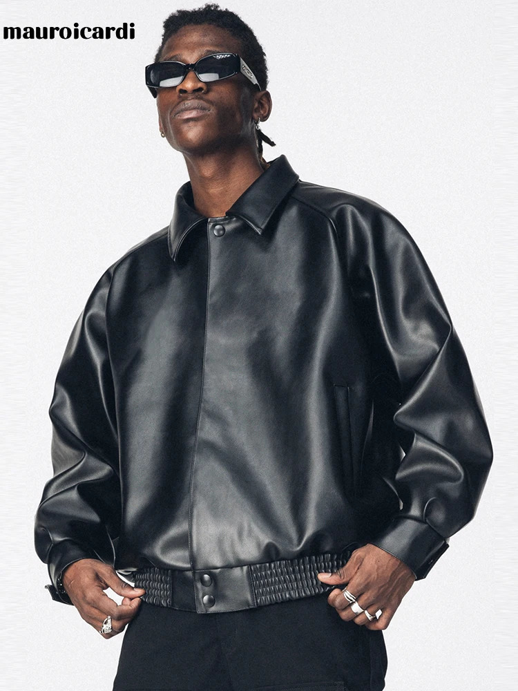 Mauroicardi Autumn Casual Oversized Black Pu Leather Jacket for Men Style Raglan Sleeve Turndown Collar Loose Korean Fashion 260327