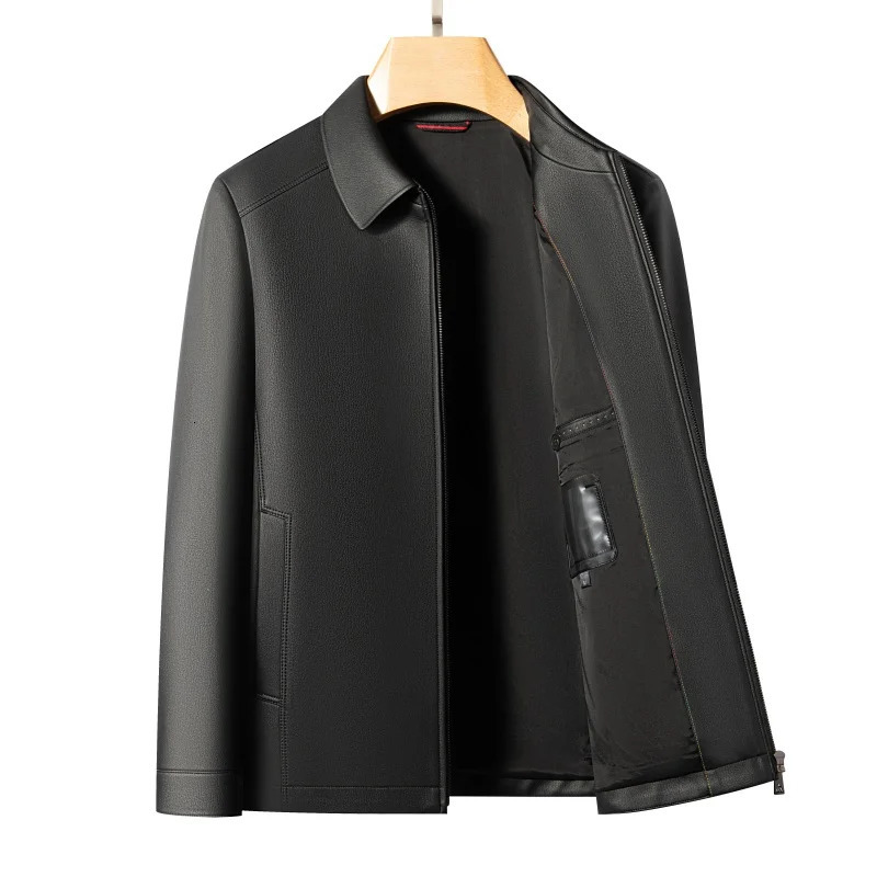 Mens Fashion Casual Large-Sized Goatskin Leather Jacket Lapel Coat High-End Spring Autumn 260327