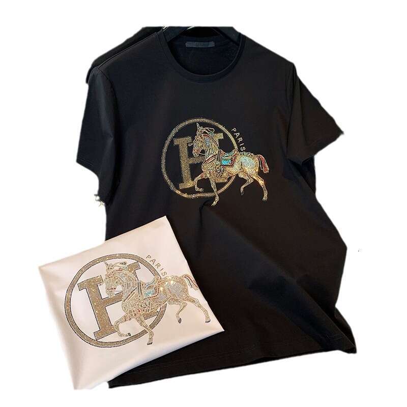 Pure Cotton Station Summer Rhinestone Round Neck Short Inlaid Trendy Brand European Men's Half Sleeve T-Shirt