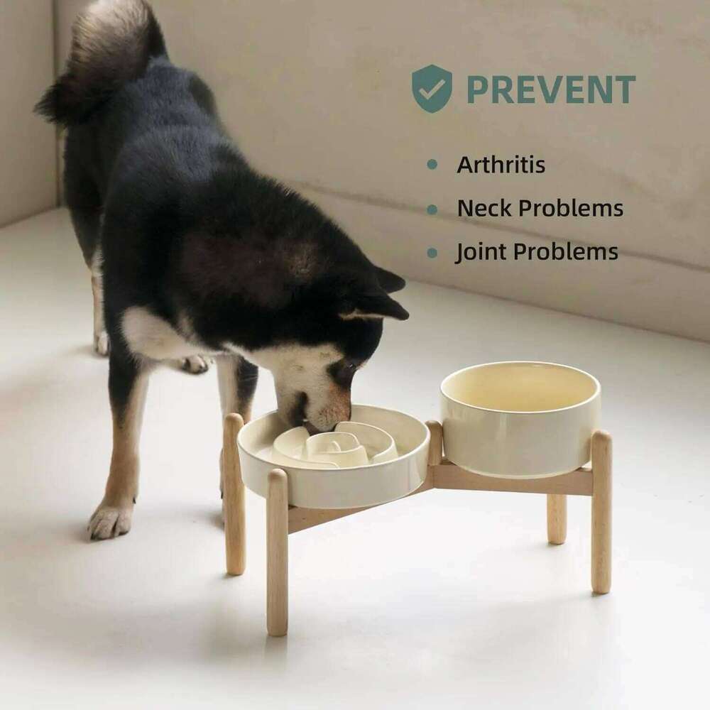 Ceramic Raised Slow Feeder Dog Bowl Set with Wooden Stand for Medium and Small Dogs, Anti-Gulping Design in Beige 26W0330