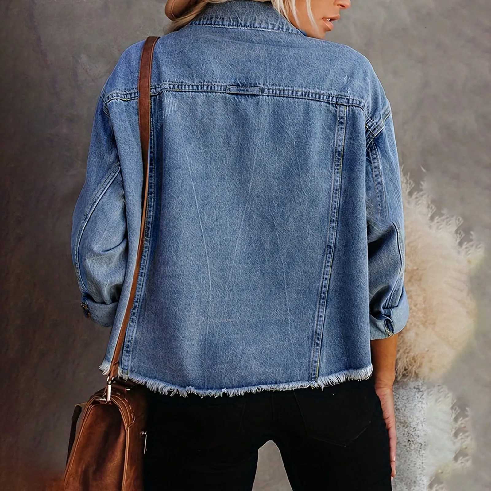 Denim Coat Women Distressed Turn Down Collar Cardigan Jackets Single Breasted Casual Basics Pockets Button Spliced SolidT260328