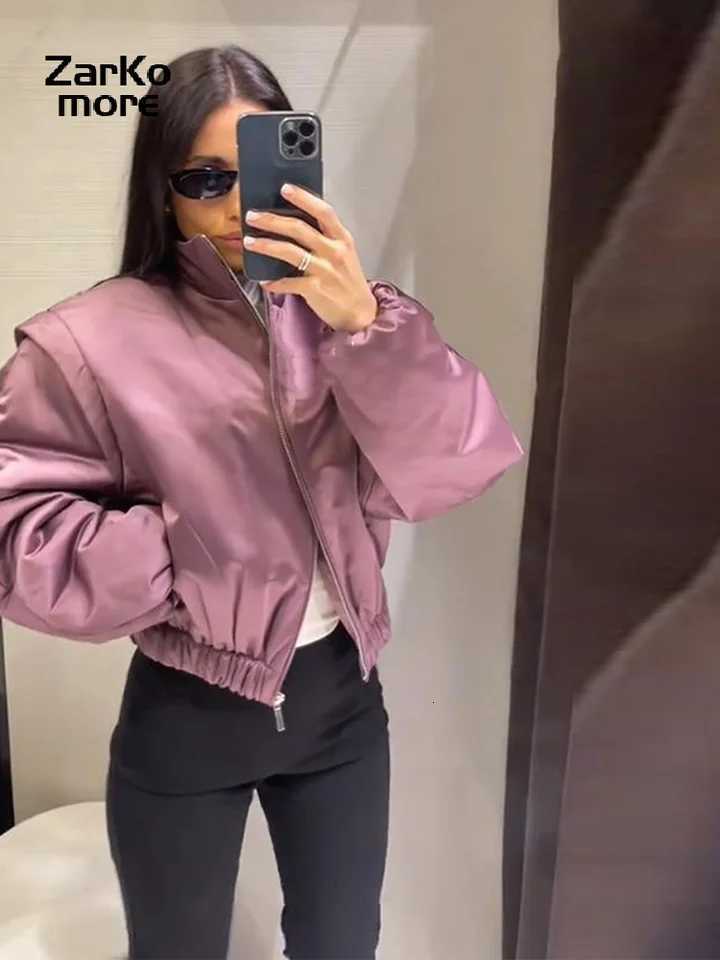 Fashion Y2K Satin Bomber Jacket Women Mauve Puff Sleeve Cropped Zip Up Casual Outerwear 2026 Spring Lady Chic Street Coats NewT260328