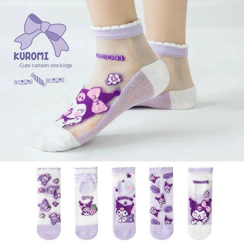 Designer Sanrio Kuromi Animationperipherals Summer Thin Children's Cotton Socks Crystal Stockings Pure Cotton Breathable New Girls' Socks