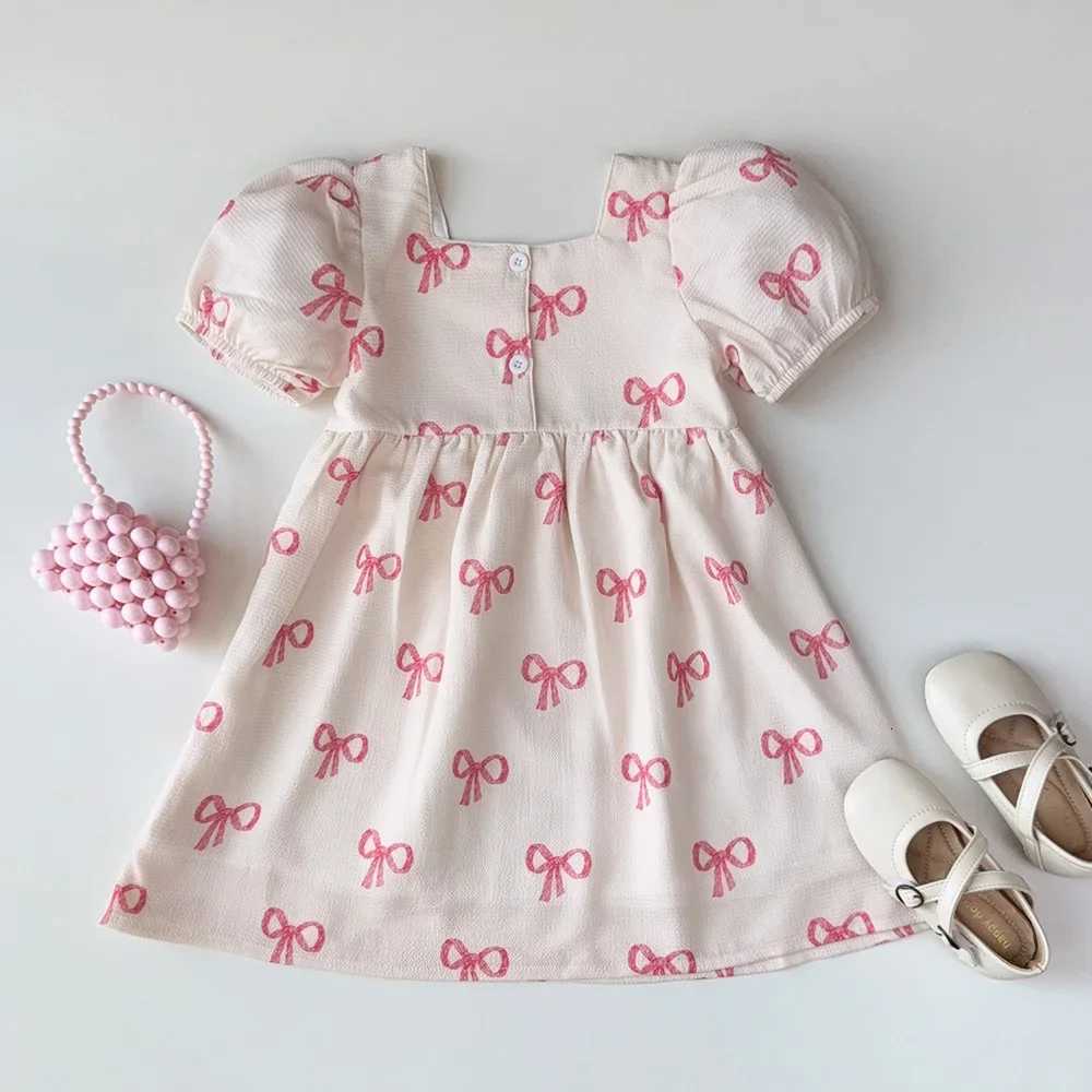 Bear Leader Summer Short Sleeved Girls Casual Dresses Pink Bow Print Square Neck Sweet Princess Dress Daily Simple Kids ClothesT260330