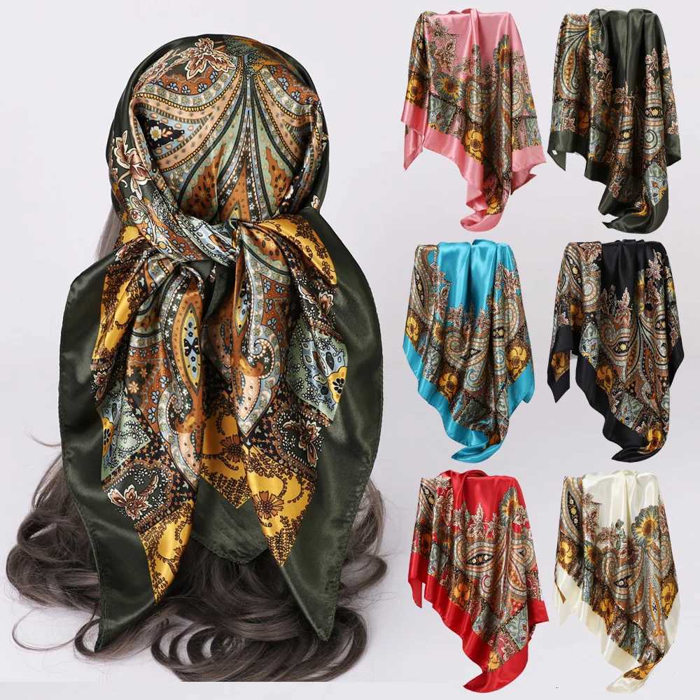 band Scarf Wen Fashion 9090cm Silk Satin Hijab Bandana Neckerhf Sun Protection Shawl Wrap scarf Paisley X260328