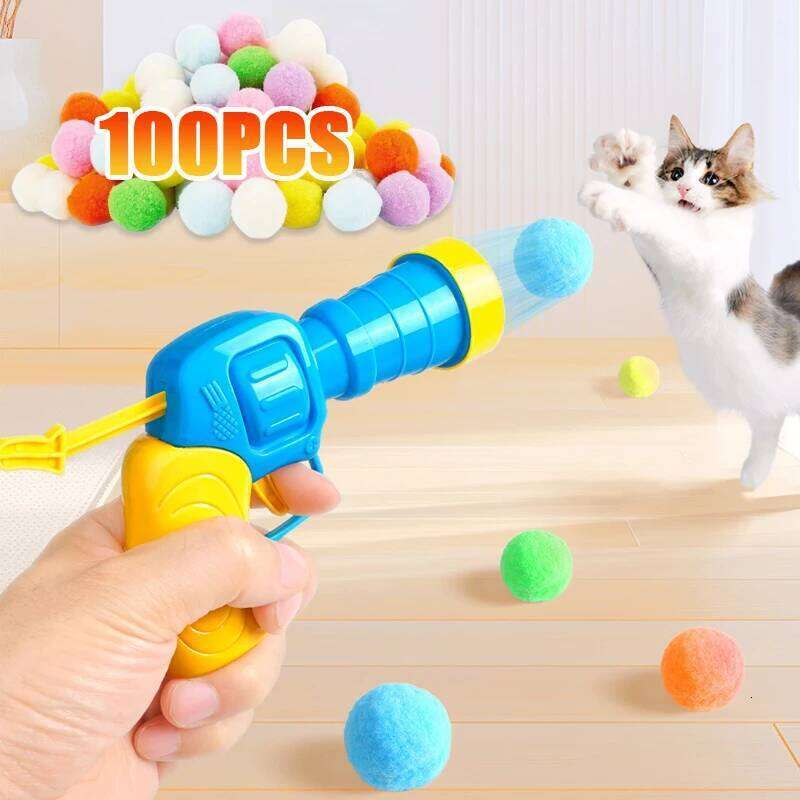 Interactive Cat Launch Training Toy For Kitten Creative Mini Shooting Gun Games Stretch Plush Ball Toys Pet Supplies