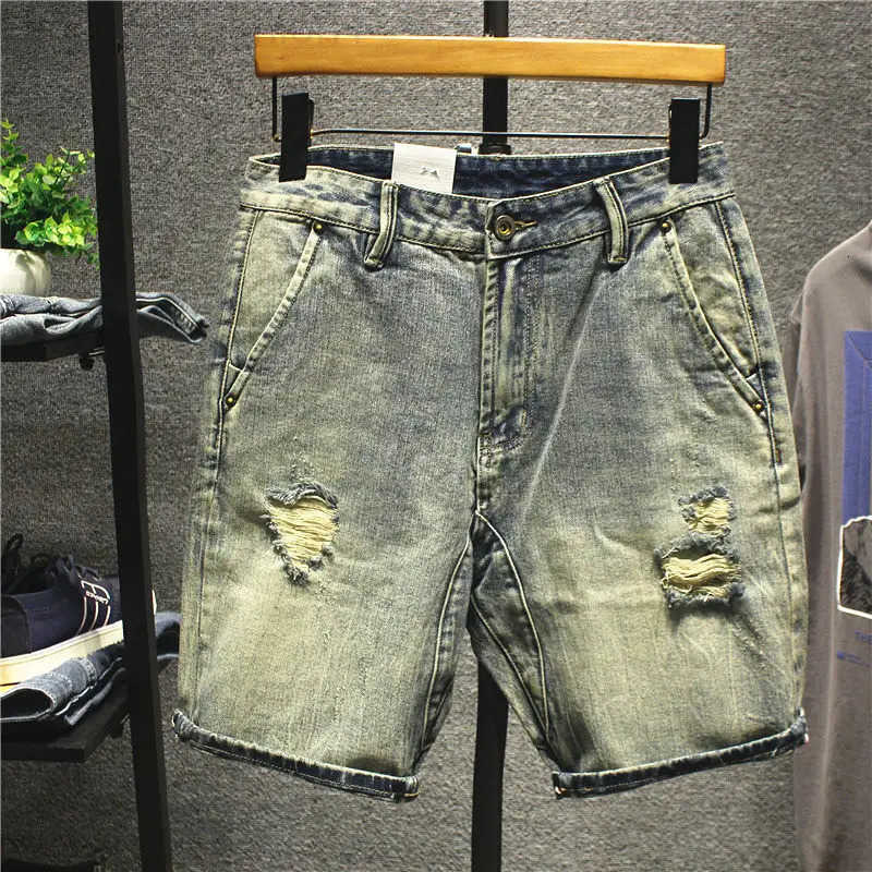 2025 Summer Thin Retro Old Ripped Korean Luxury Shorts Mens Ripped Loose Straight Beggar Pants Man Jeans Designer Denim Jorts H260330