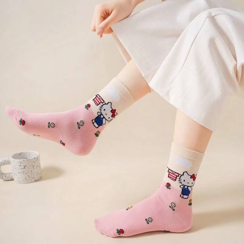 Designer Cartoon Sanrio Hello Kitty Women's Socks My Melody Cute Girl Mid-Tube Cotton Socks Kawaii Student Sock Girl Kids Christmas Gift