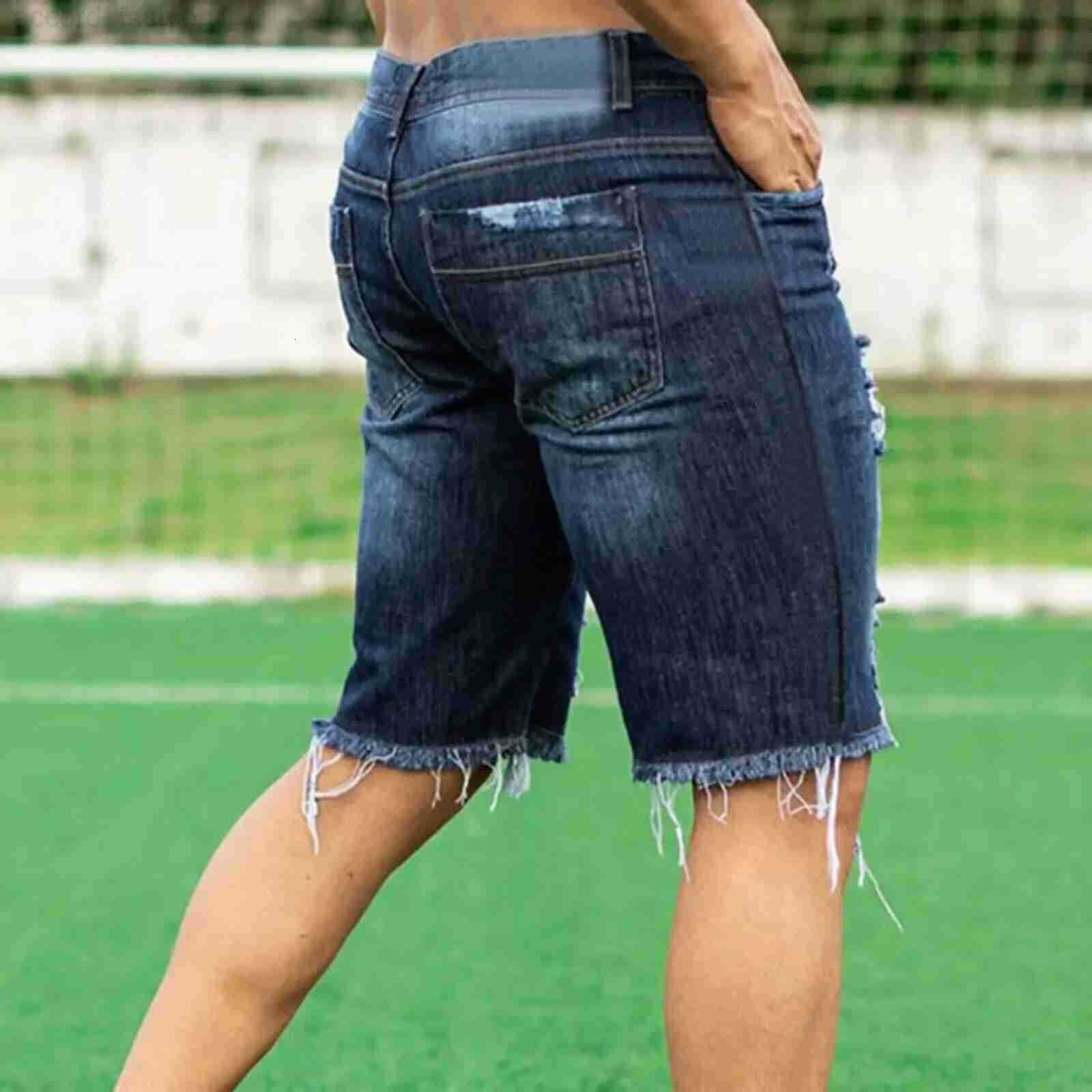 Men Jeans Denim Pants Holes Washing Knee Length Mid Waist Pockets Zipper Fly Solid Color 2025 Slight Strech Casual Slim H260330