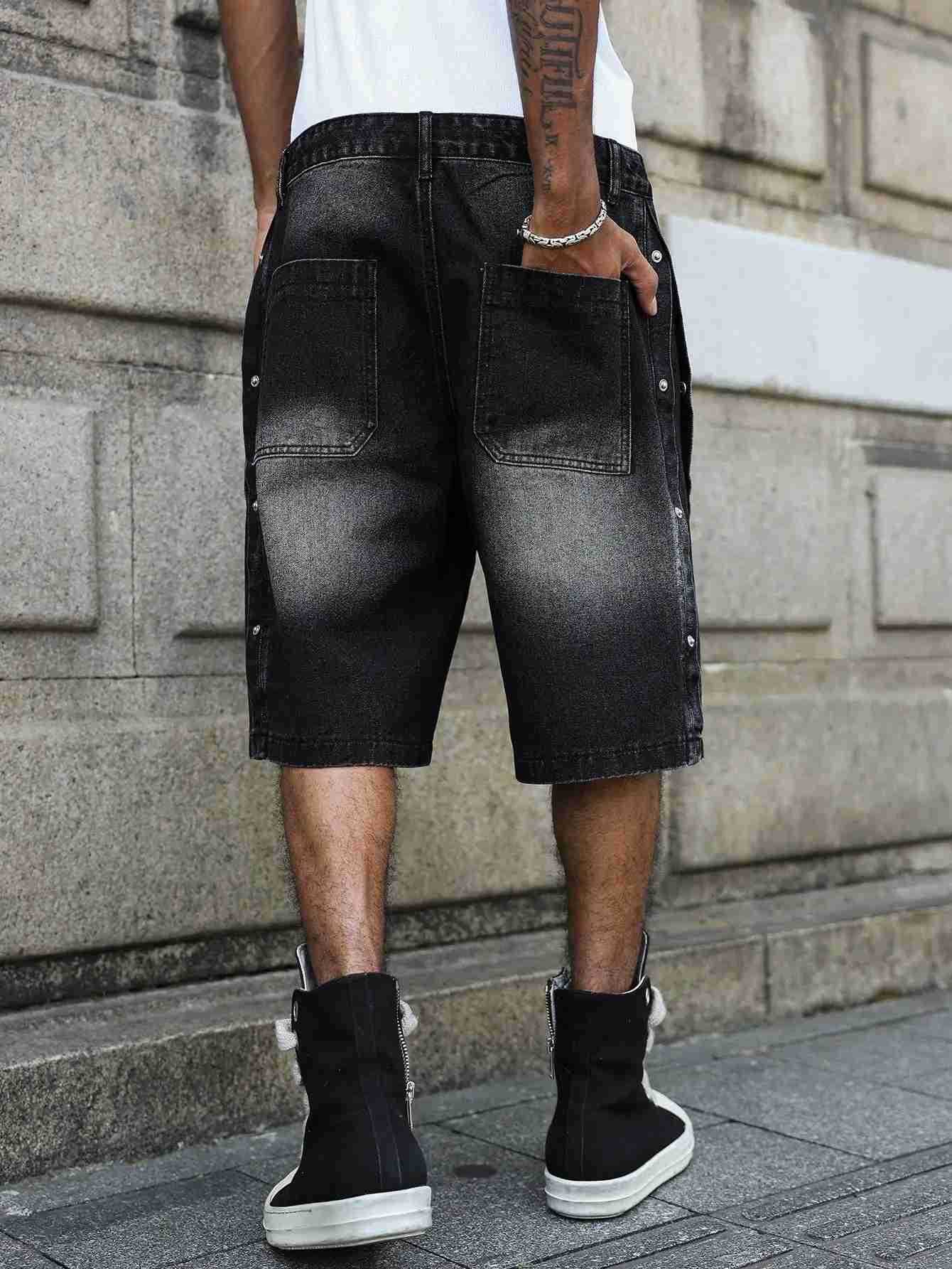 Mens Summer Casual Denim Shorts - Black-Gray Gradient with Distressed White Effect Street Daily Outing Knee-Length Shorts H260330