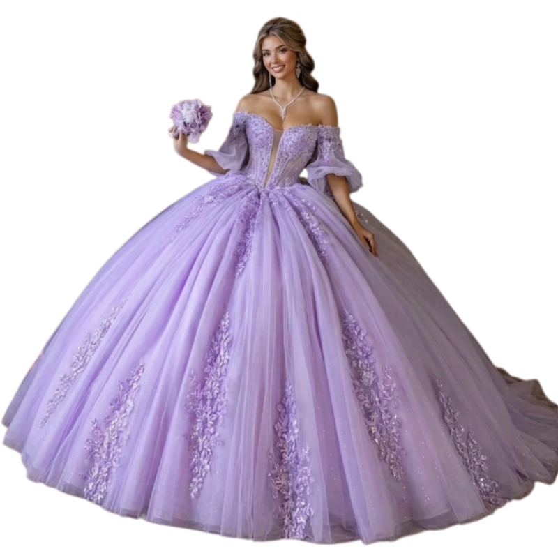 Lilac Ball Gown Princess Quinceanera Dresses Lace Appliques Off-Shoulder Half Sleeves Tulle Gorgeous Prom Birthday Boutique Dress For Teen Girls