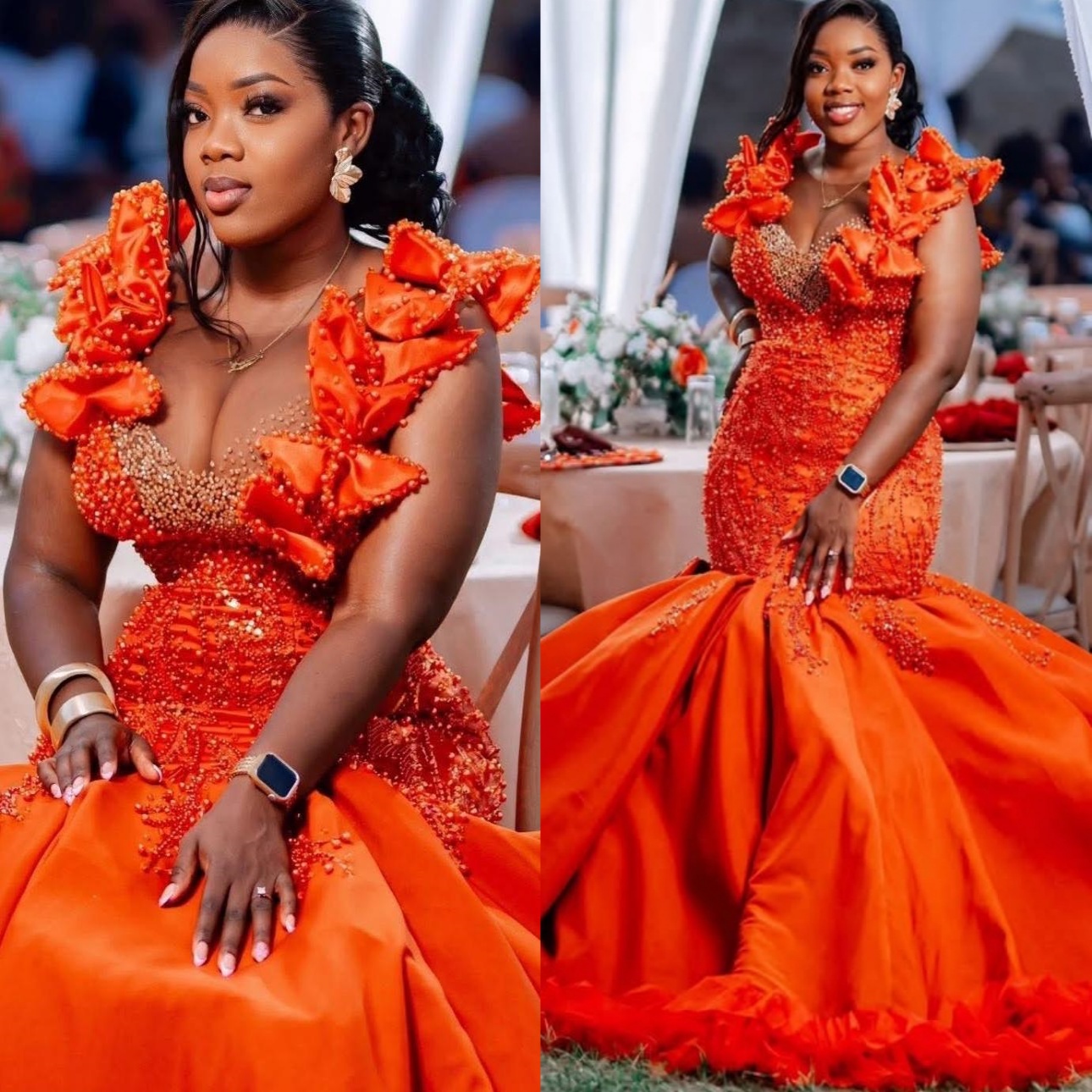 2k26 Orange Prom Dress 2026 Mermaid Florals Pearls Satin Sheer Neck Evening Dress Sequined Birthday Formal Women Pageant Dinner Party Gowns Dresses ZJ