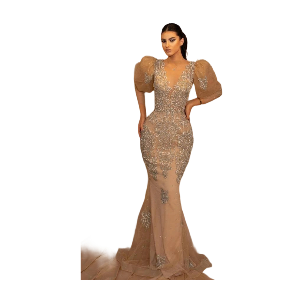 Elegant Evening Dresses V Neck Half Sleeves Appliques Beads Lace-Up Back Prom Dress Sweep Train Vestido De Noite Customized