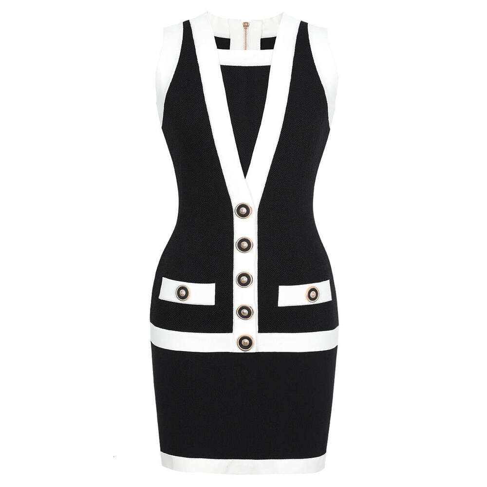 Summer new designer high-quality sleeveless button e22 elastic short fit, slim and fashionable multifunctional knitted dress