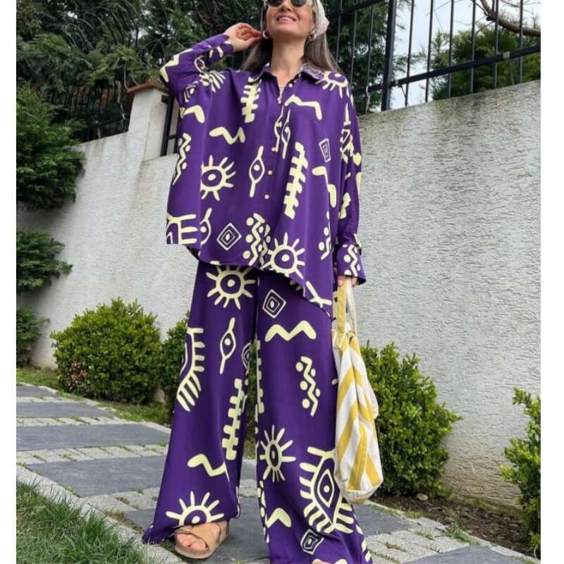 Women's Clothing 2025 New Fashion Printed Loose Top With Tie High-Waisted Wide-Leg Pants Two-Piece Set, Comfortable And Casual Asia Size