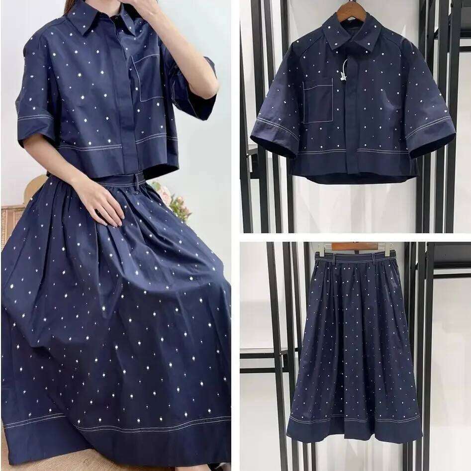 Diamond Decoration Women's Shirt Turn-Down Collar Short Sleeve Blouse Top Or A-Line Mid-Calf Skirt For Ladies Mdng260330