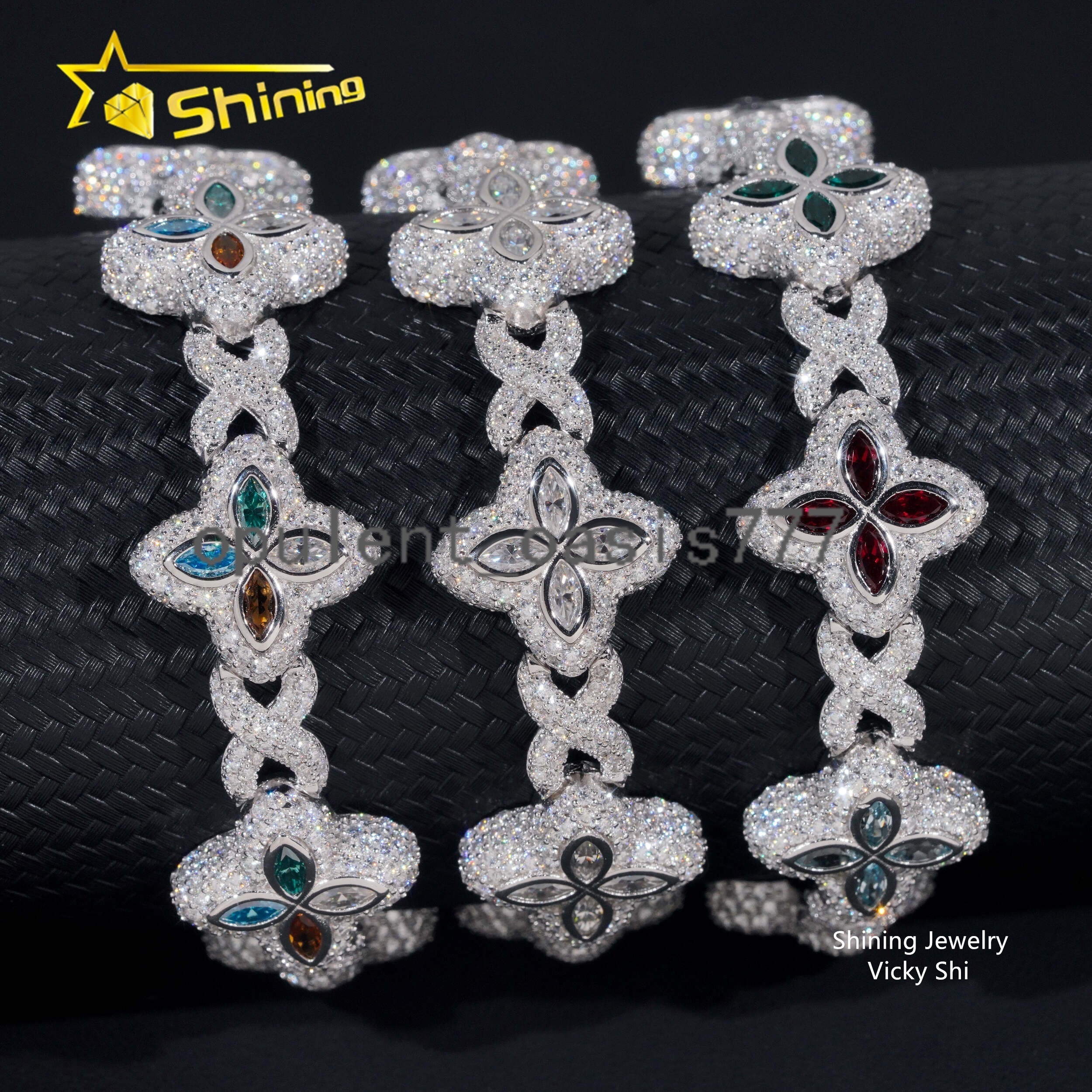 Top Quality Hip Hop Clover Color Diamond Marquise 925 Sterling Silver VVS Moissanite Bracelet