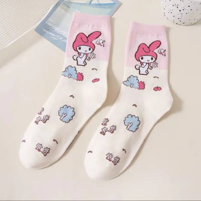 Designer Cartoon Sanrio Hello Kitty Women's Socks My Melody Cute Girl Mid-Tube Cotton Socks Kawaii Student Sock Girl Kids Christmas Gift