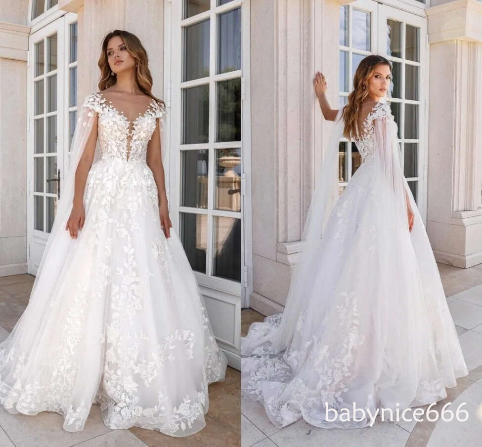 Elegant White Ivory Lace Wedding Dreses With Cape Sleeves Sheer Jewel Neck Appliques RUffles Long Bridal Gowns Button Covered Back Robes BC20105