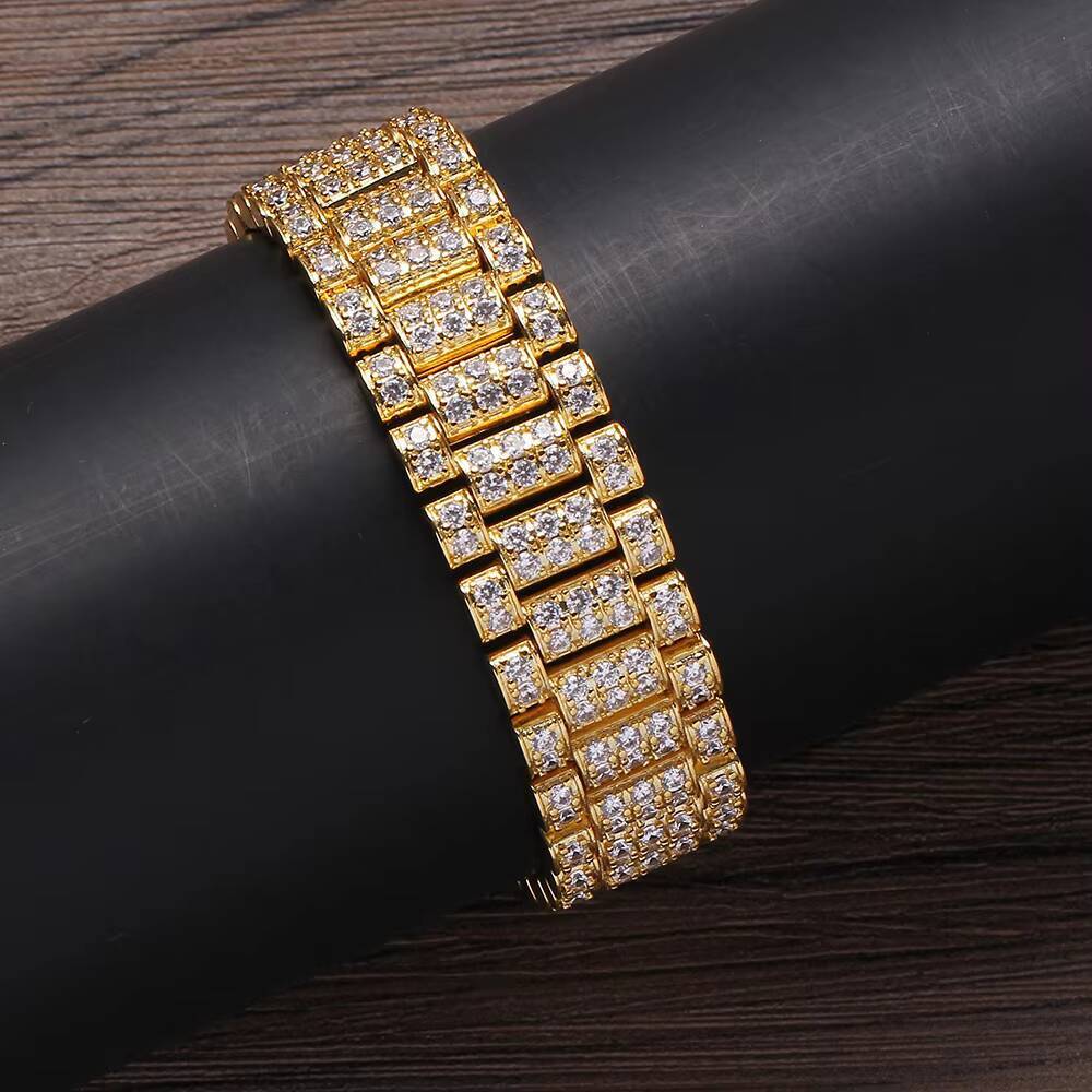 Mens Hip Hop Jewelry 18MM White Gold Plated Cubic Moissanite Iced Out Bracelet Watch Link Chain Bracelet