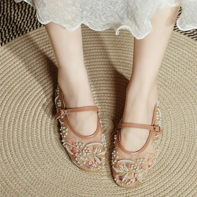 Embroidery String Bead Mesh Ballet Flats Women Fashion White Pearl Mary Jane Shoes Light Summer Flats Elegant Cozy Flat Sandals 260323