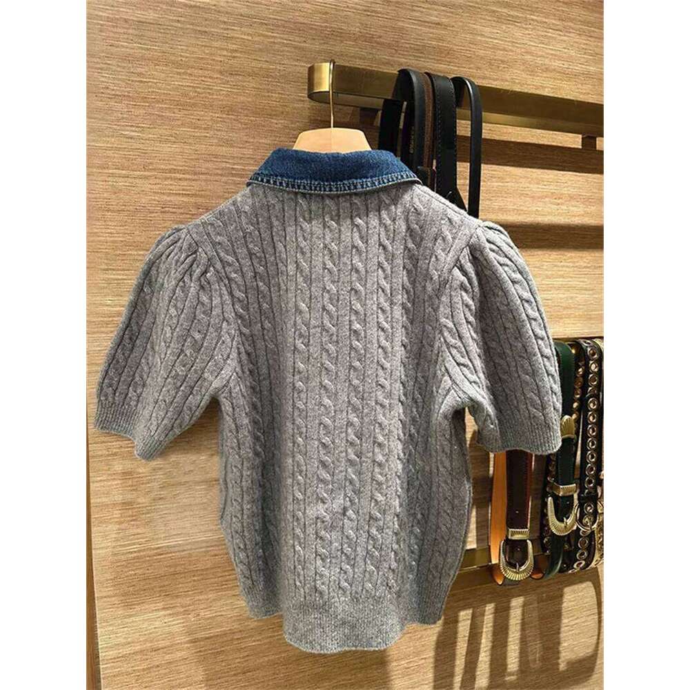 Women's Gray Gold Single Breasted Denim Splicing Twist Sweater 2025 New Knitted Cardigan Mdng260330