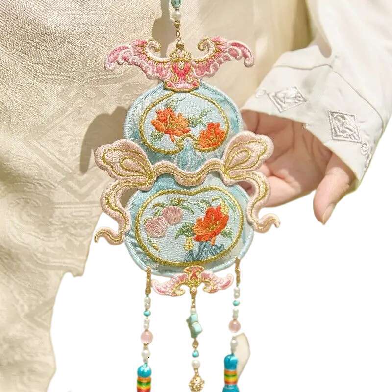 Chinese Embroidery Lucky Fulu Palace Lantern Original Double-Sided Embroidery Restoration Gourd Sachet Hanfu Ban Step Antique Pendant Bag Charms