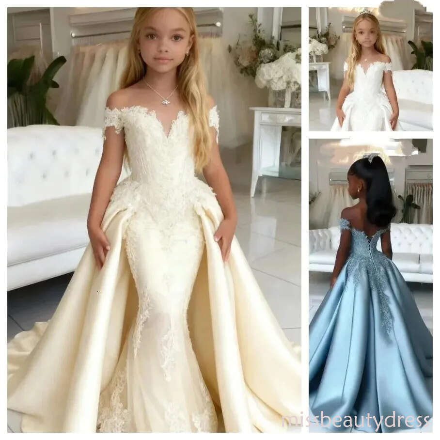 Elegant Satin Customized Flower Girl Lace Applique Mermaid Princess Skirts Pageant Dress High Low First Communion Gowns M30 ZD10