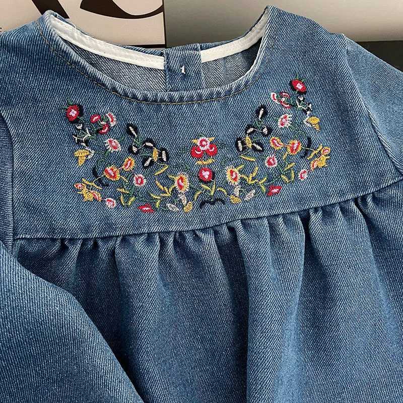 MILANCEL Girls Denim Dresses 2024 Autumn New Embroidery Floral Long Sleeve Dress Childrens Daily Casual ClothesT260330