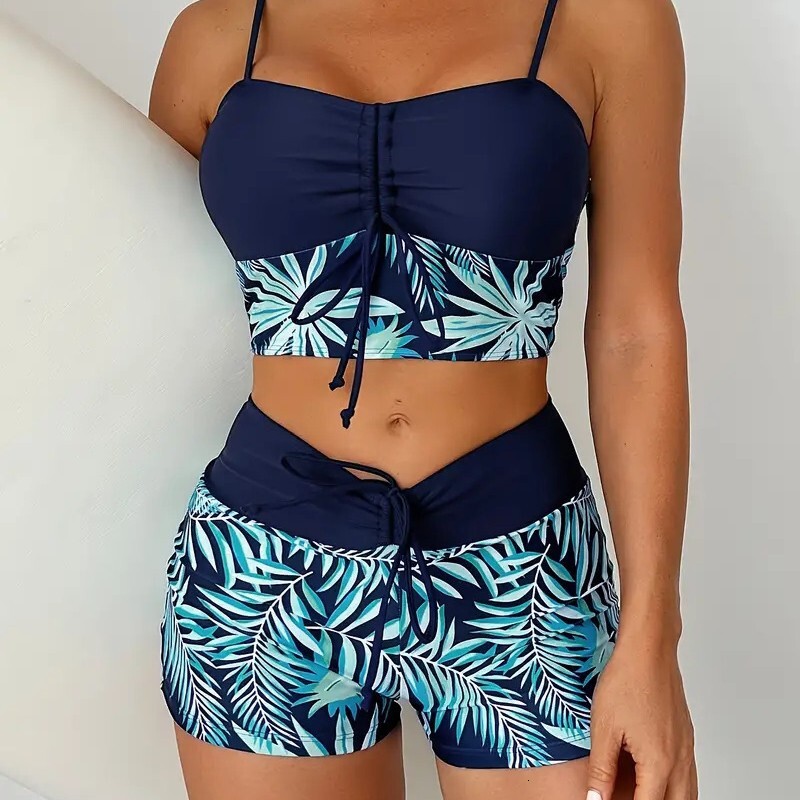 Free Shipping High Value 2026 European American foreign trade women's two-piece high-waisted swimwear with tie straps, printed and solid color, p
