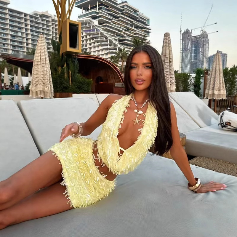 2025 New Sexy Short Dress Slimming Halter V-neck Elegant Womens Slim Sexy Short Dress Set