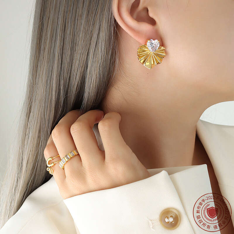 Heart-shaped Zircon, Gold Silver Leaf Tassel, Fresh And Simple Earrings, Copper Material Jewelry, Ear Women's Accessories, Wholesale