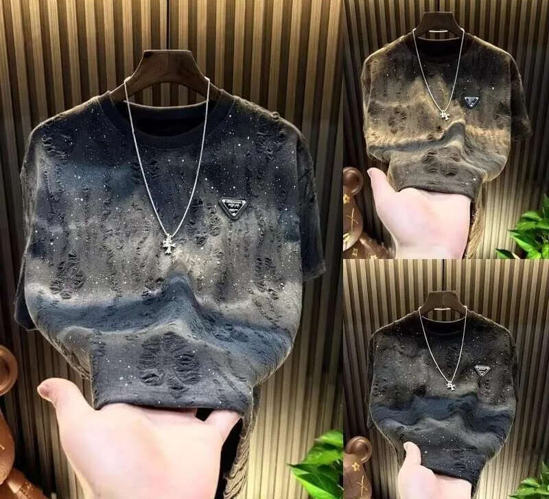 Designer Round Neck Top New Summer Short Sleeve Trendy Versatile Distressed T-Shirt Men's Half-Sleeve T-Shirt Luanyun