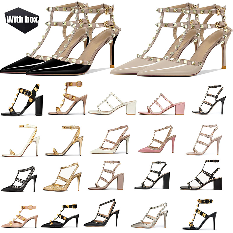 free shipping with box Designer High Heel Sandal Dress Shoes Ankle Strap Roman Studs Black Nude Strip stiletto Peep-Toe Point Toe Rivets Womens Party Wedding Stiletto