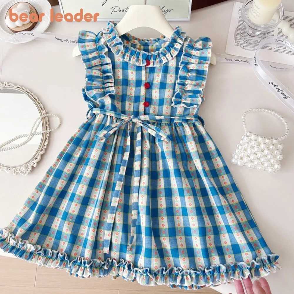 Bear Leader New Girls Flower Print Princess Dresses Wood Ear Edge Plaid Waistband Casual Kids Clothes Fashion Summer WearT260330