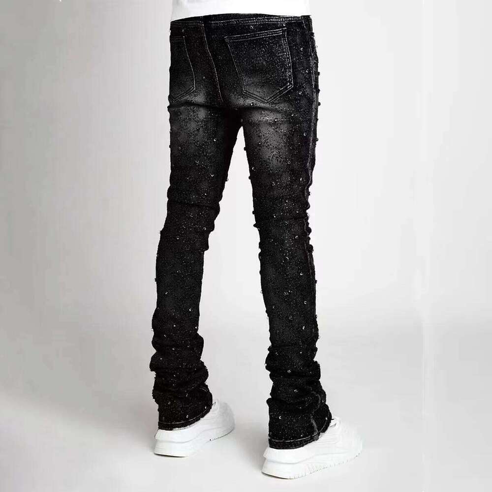 Blue Stretchy Pearls Skinny Jeans For Men New Fashion Rhinestone European Street Personality Stacked Denim Pants 26Y0330